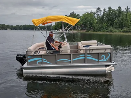 APM-14 Pontoon Boat shown with 9.9 Tohatsu with Electric Trim